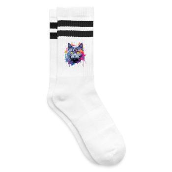 Colorful Chartreux Cat Face Splash Art  - Striped tennis socks - white/black - Right