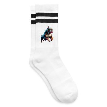 Pitbull Hund läuft Origami Geometrisch 3D - Gestreifte Tennissocken - Weiß/Schwarz - Rechts