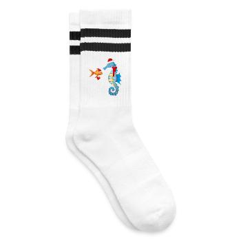 Fisch und Seepferdchen in Weihnachtsstimmung - Gestreifte Tennissocken - Weiß/Schwarz - Rechts