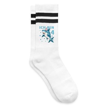 4 Jahre Haie 4 Geburtstag Kinder Jungen Hai Spruch - Gestreifte Tennissocken - Weiß/Schwarz - Rechts