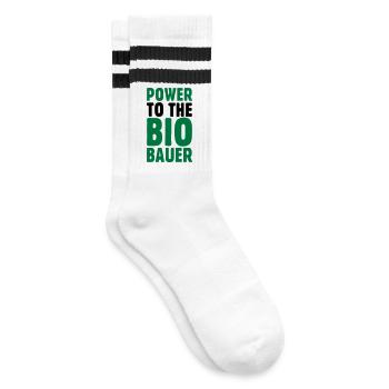 Power to the Biobauer Öko Spruch - Gestreifte Tennissocken - Weiß/Schwarz - Rechts