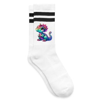 Dinosaurier - Gestreifte Tennissocken - Weiß/Schwarz - Rechts