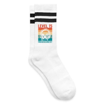 15. Geburtstag Jungen Gamer Level 15 Unlocked - Gestreifte Tennissocken - Weiß/Schwarz - Rechts