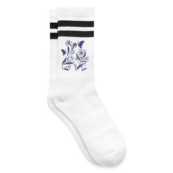 Blaues Blütenmuster im Folk Art Stil - Gestreifte Tennissocken - Weiß/Schwarz - Rechts