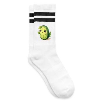 Kawaii Kaktus Gurke Männchen – Süßes Design - Gestreifte Tennissocken - Weiß/Schwarz - Rechts
