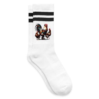 Magnificent colorful rooster with two hens in the yard - Striped tennis socks - white/black - Right
