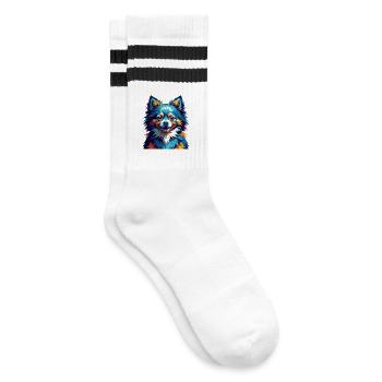 Pomeranian Spitz Dog Breed Colorful Cartoon Kawaii - Striped tennis socks - white/black - Right