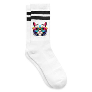 Kater mit Sonnenbrille - Gestreifte Tennissocken - Weiß/Schwarz - Rechts