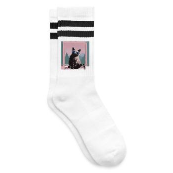 Cat in retro summer look - Striped tennis socks - white/black - Right