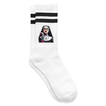 Nonne mit Tattoo - Gestreifte Tennissocken - Weiß/Schwarz - Rechts