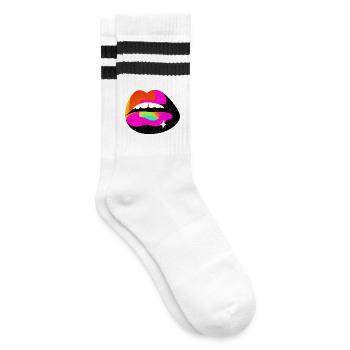 Regenbogen Lippe Pop Art - Gestreifte Tennissocken - Weiß/Schwarz - Rechts