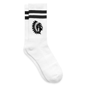 Stolzer Krieger Gesicht mit prächtigem Kopfschmuck - Gestreifte Tennissocken - Weiß/Schwarz - Rechts