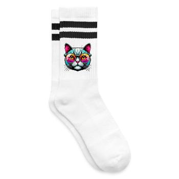 Kater mit Sonnenbrille - Gestreifte Tennissocken - Weiß/Schwarz - Rechts