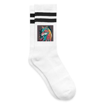 Geometrischer Wolf Farbexplosion - Gestreifte Tennissocken - Weiß/Schwarz - Rechts