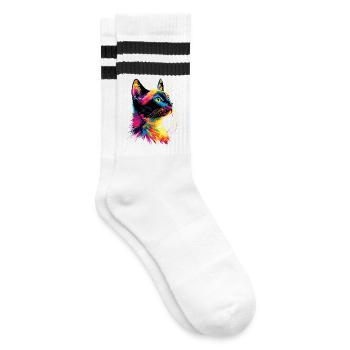 Katze Bunt Regenbogen Farben Popart Cat Mom Katzen - Gestreifte Tennissocken - Weiß/Schwarz - Rechts