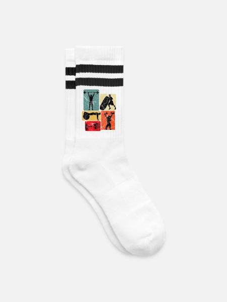 Kraftquader: Fitness Silhouetten - Gestreifte Tennissocken - Weiß/Schwarz