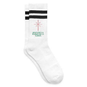 Weihnachtsstern mit religiösem Zitat - Gestreifte Tennissocken - Weiß/Schwarz - Rechts