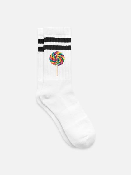 Bunter Regenbogen Lolli Spiral Look - Gestreifte Tennissocken - Weiß/Schwarz
