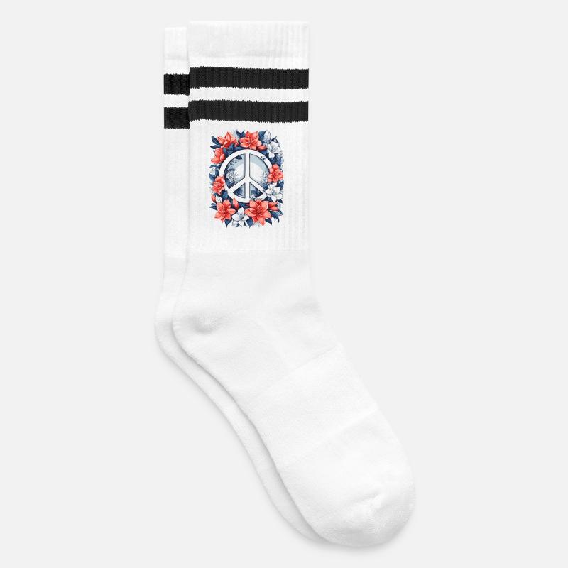 Friedenszeichen mit Blumen - Gestreifte Tennissocken - Weiß/Schwarz