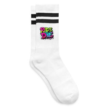 Vibrantes Skateboard-Motiv mit Farbexplosion - Gestreifte Tennissocken - Weiß/Schwarz - Rechts