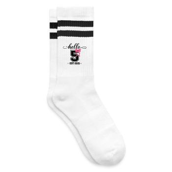 Hello 5 Est 2021 Mädchen Geburtstag Design - Gestreifte Tennissocken - Weiß/Schwarz - Rechts