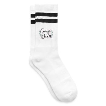 Carpe Diem Blumenschrift - Gestreifte Tennissocken - Weiß/Schwarz - Rechts