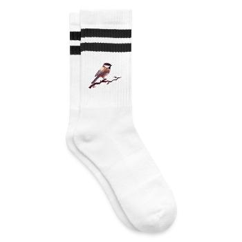 Geometrischer Singvogel – Elegante Polygonkunst - Gestreifte Tennissocken - Weiß/Schwarz - Rechts