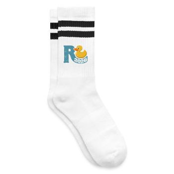 Gummiente Rente 2026 - Ruhestand - Pension - Gestreifte Tennissocken - Weiß/Schwarz - Rechts