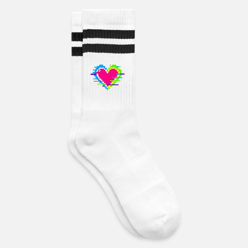 Pixelherz Neon Glitch Regenbogen - Gestreifte Tennissocken - Weiß/Schwarz