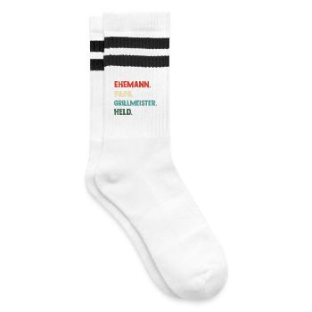 Papa Vater Held Grillmeister BBQ Geschenk - Gestreifte Tennissocken - Weiß/Schwarz - Rechts
