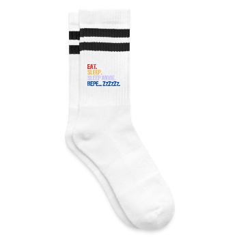 ESSEN SCHLAFEN SCHLAFEN MEHR ZzZzZzZ - Gestreifte Tennissocken - Weiß/Schwarz - Rechts