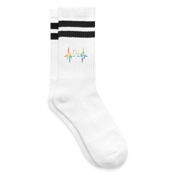 Regenbogenkatze mit Pulsherzlinie - Gestreifte Tennissocken - Weiß/Schwarz - Rechts