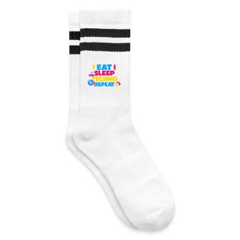 Eat Sleep Techno Repeat Farbexplosion - Gestreifte Tennissocken - Weiß/Schwarz - Rechts