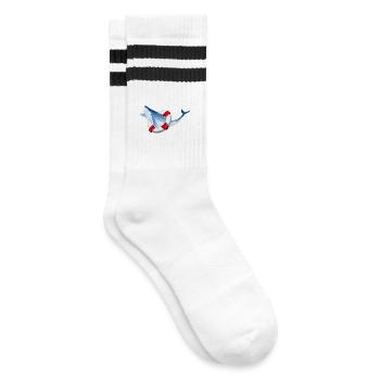 leuchtend blauer Wal Fisch mit Rettungsring - Gestreifte Tennissocken - Weiß/Schwarz - Rechts