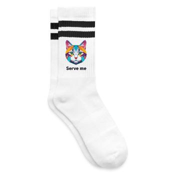 Colorful geometric cat illustration - Striped tennis socks - white/black - Right