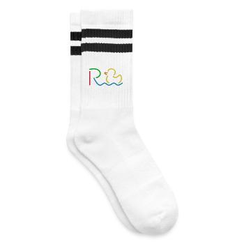 Endlich Rente - Ruhestand - Pension - Gestreifte Tennissocken - Weiß/Schwarz - Rechts