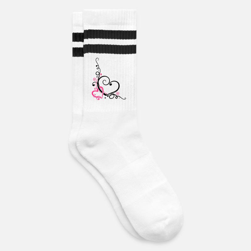 Zwei Herzen mit Blumen, verliebt - Gestreifte Tennissocken - Weiß/Schwarz