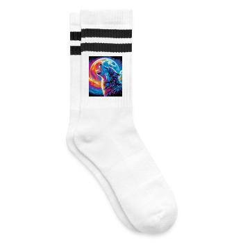 Wolf howls at the moon - Striped tennis socks - white/black - Right