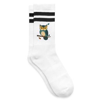 Weise Eule auf Ast – Charmantes Tierdesign - Gestreifte Tennissocken - Weiß/Schwarz - Rechts
