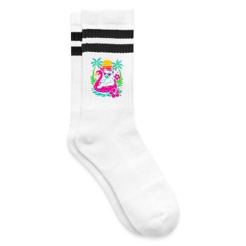 Coole Sommerkatze auf Flamingo - Retro Look - Gestreifte Tennissocken - Weiß/Schwarz - Rechts