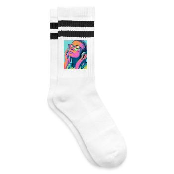 Neon Popart Headphone Portrait - Striped tennis socks - white/black - Right