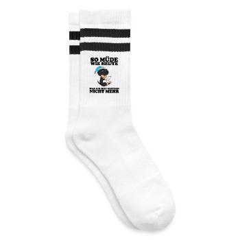 Müde Spruch Verschlafen Schlafen Ausschlafen Faul - Gestreifte Tennissocken - Weiß/Schwarz - Rechts
