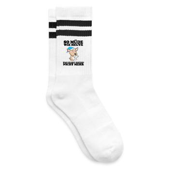 Müde Spruch Verschlafen Schlafen Ausschlafen Faul - Gestreifte Tennissocken - Weiß/Schwarz - Rechts