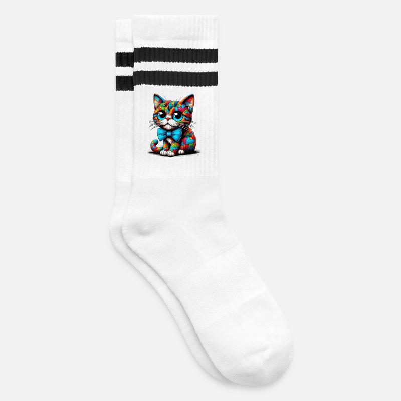 Katze mit Fliege - Gestreifte Tennissocken - Weiß/Schwarz
