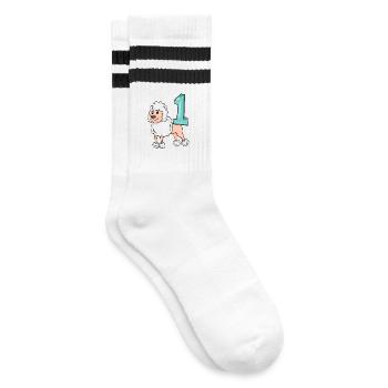Zahl 1 Nummer Eins - Pudel Hund Motiv - Gestreifte Tennissocken - Weiß/Schwarz - Rechts