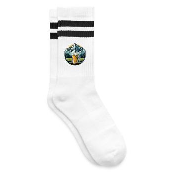 Bergblick mit Bier und Naturmotiv - Gestreifte Tennissocken - Weiß/Schwarz - Rechts