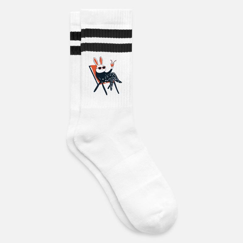 Beach Bunny – Chill Rabbit mit Sonnenbrille & Getränk - Gestreifte Tennissocken - Weiß/Schwarz