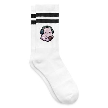 Entspannter Geist mit Kopfhörern und Kaffee - Gestreifte Tennissocken - Weiß/Schwarz - Rechts