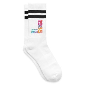 Dezember 1985 Geburtstag Geboren im Dezember Geschenk - Gestreifte Tennissocken - Weiß/Schwarz - Rechts