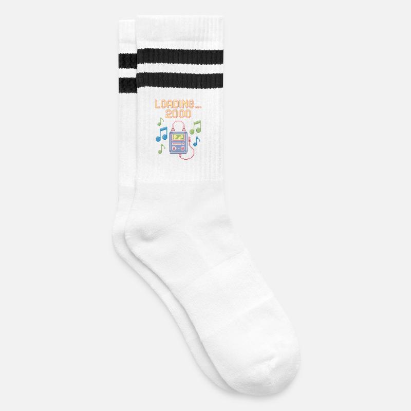 Retro Pixel Design – Loading 2000 - Gestreifte Tennissocken - Weiß/Schwarz